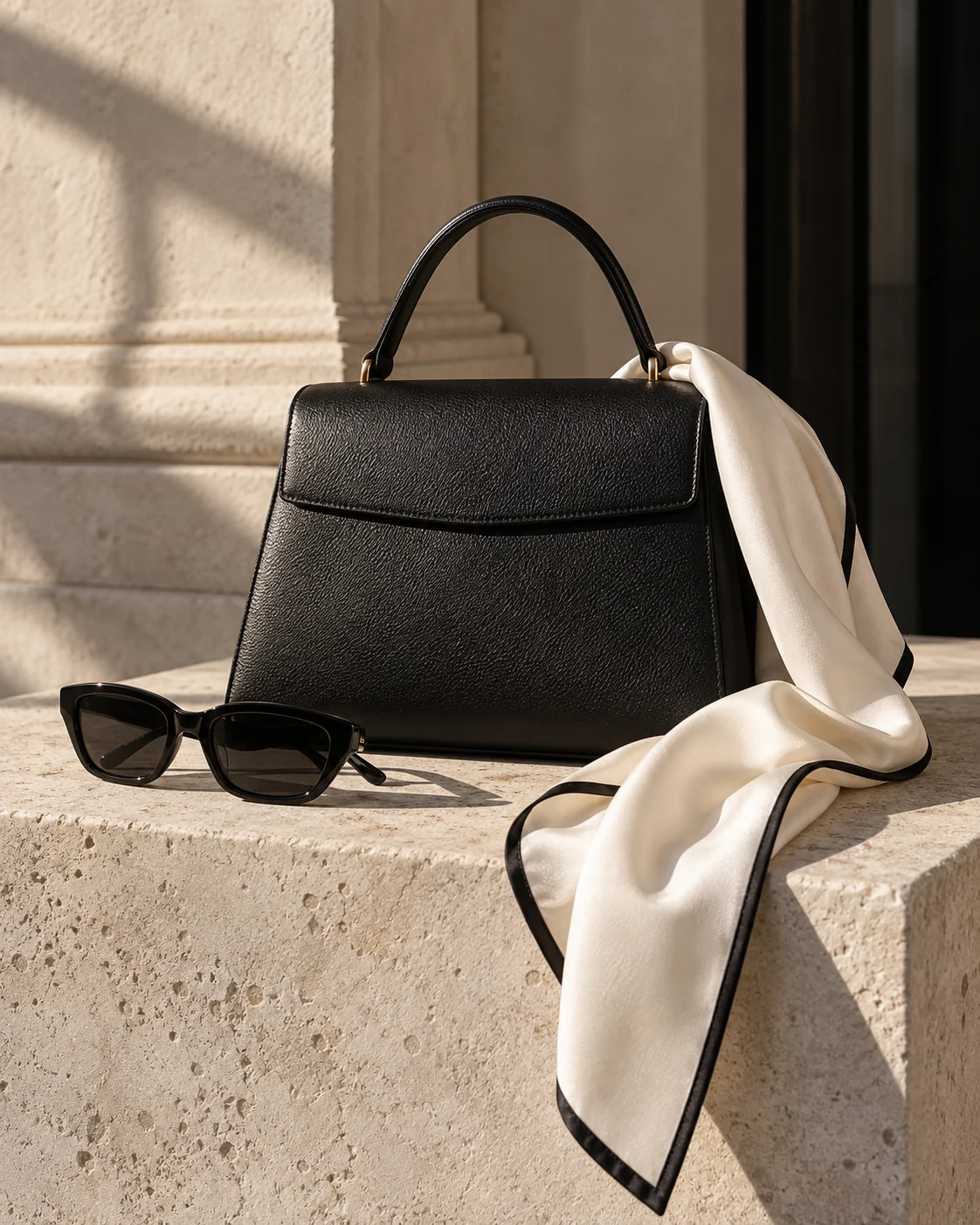 Sac noir, lunettes et foulard ivoire.