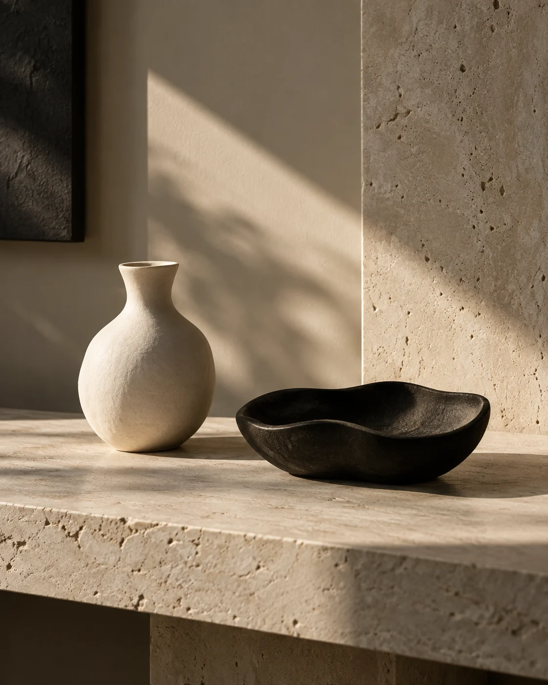 Objets sculpturaux noirs et ivoire dans une alcôve.