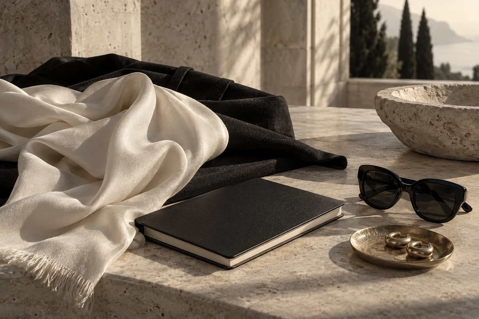 Étoffes, carnet et accessoires dans une lumière douce.